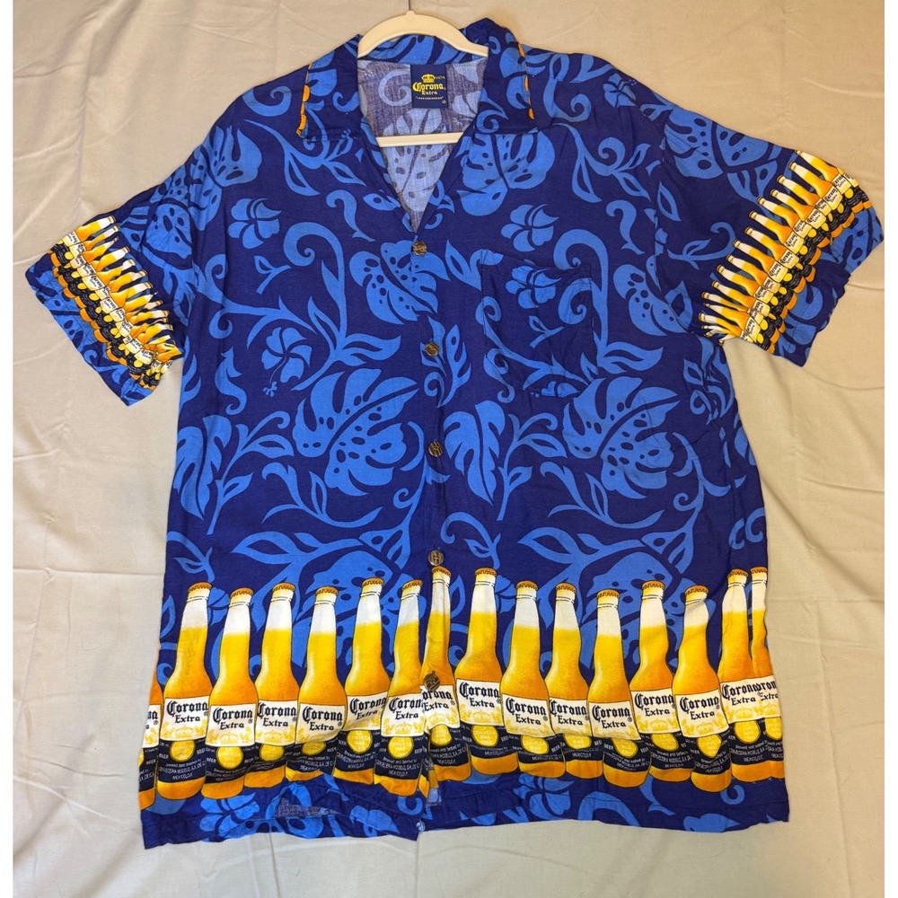 Corona Extra Mens Blue Tropical Beer Bottle Print Rayon Hawaiian Shirt XXL - Picture 1 of 8